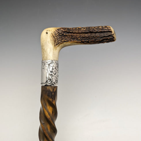 1895年左右 英國古董 紳士用手杖 鹿角拐杖把手 扭轉軸 85cm